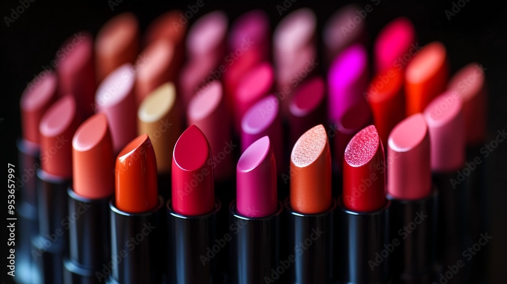 Close-up of Lipstick Collection in Various Shades Arranged in a Gradient on Sleek Black Surface Close-up of Lipstick Collection in Various Shades Arranged in a Gradient on Sleek Black Surface