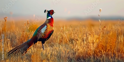A male ring-necked pheasant standing in a field of tall grass.