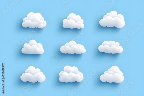 Nine fluffy white clouds with soft shadows on a blue background.