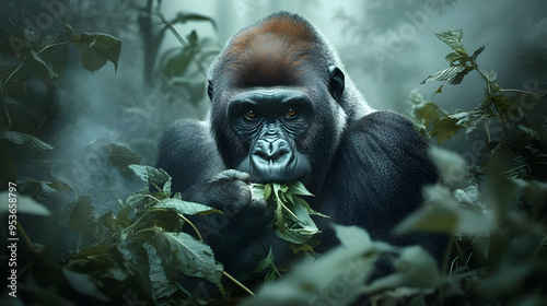 A majestic gorilla sits amo...