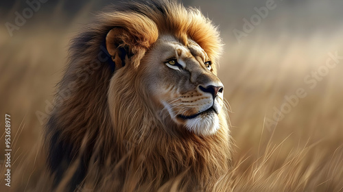 A majestic lion with a thick mane stands in a field of tall grass, gazing off to the side.