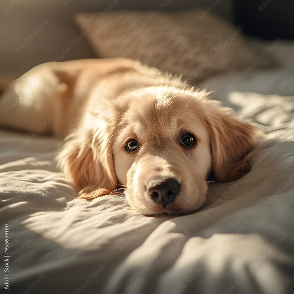 A golden retriever puppy lies on a bed, looking at the camera with a curious expression. A golden retriever puppy lies on a bed, looking at the camera with a curious expression.