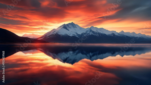 A majestic mountain range reflected in a still lake at sunset, with a fiery sky.