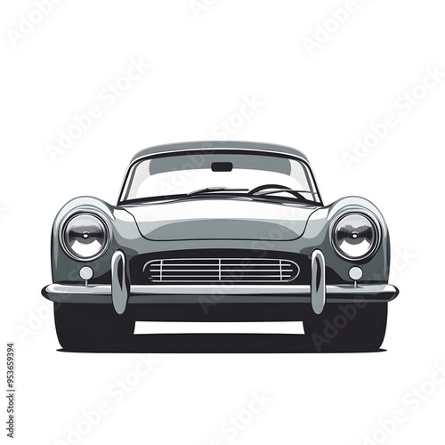 A vintage gray car, front view.