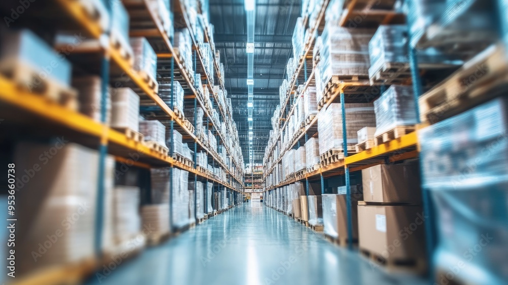 Modern warehouse interior with a blurred background of shelves stacked with various products, illustrating the large scale and logistics operations. Modern warehouse interior with a blurred background of shelves stacked with various products, illustrating the large scale and logistics operations.