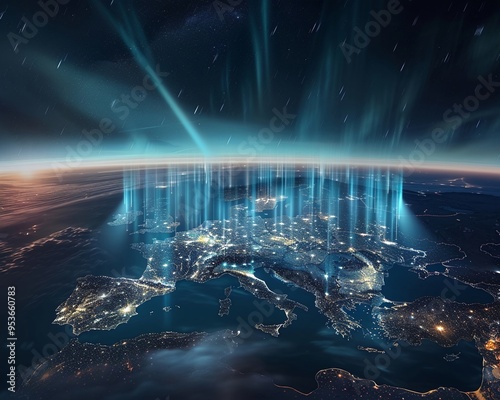 Early morning mist over Europe clears as a satellite sends down beams of data photo