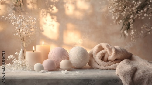 Serene Spa Scene with Scented Candles, Plush Robe, and Luxury Bath Bombs in Warm Tones