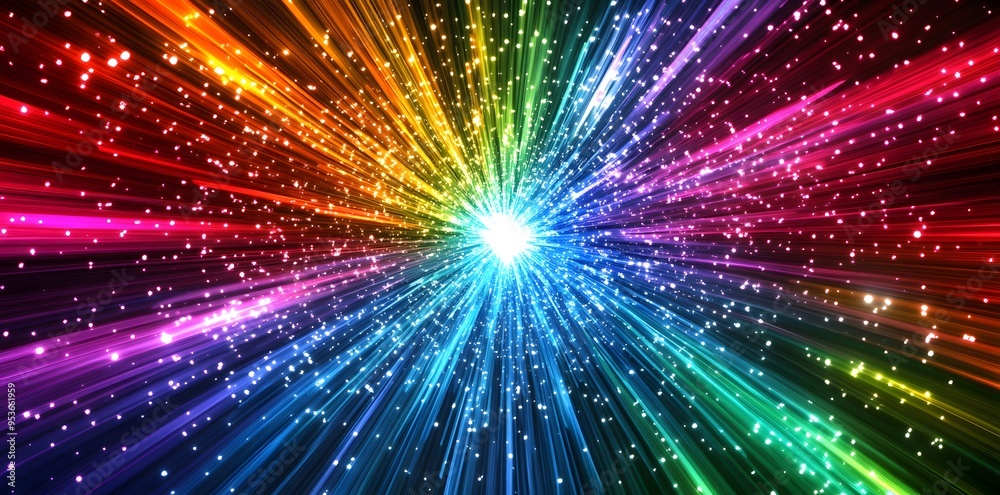 Naklejka premium Abstract colorful light rays exploding from a central point with a dark background and white speckles.