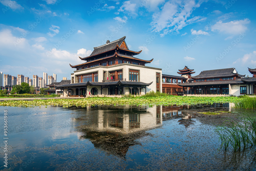 Traditional Asian Building by Tranquil Lake Traditional Asian Building by Tranquil Lake