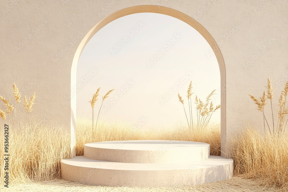 3D podium background, stand on natural dry grass. Natural pedestal in pastel, beige colors. Minimal showcase advertising with arches, with generative ai 3D podium background, stand on natural dry grass. Natural pedestal in pastel, beige colors. Minimal showcase advertising with arches, with generative ai