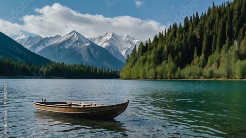  majestic summer sunrise over Eibsee lake, with the rugged Zagospitze mountain range in the backdrop, its snow-capped peaks still glistening with morning dew. The scene depicts a serene outdoor view i