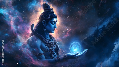 Digital painting of the Hindu god Shiva holding a blue orb, set against a background of swirling nebulae and stars.