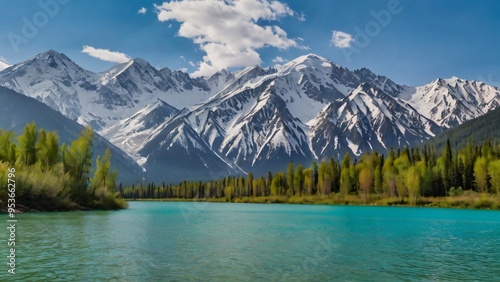  majestic summer sunrise over Eibsee lake, with the rugged Zagospitze mountain range in the backdrop, its snow-capped peaks still glistening with morning dew. The scene depicts a serene outdoor view i