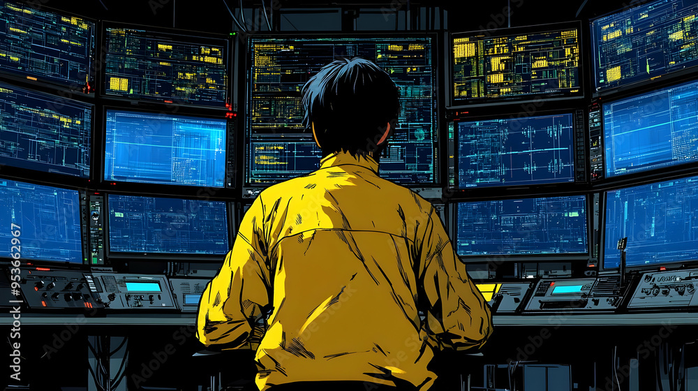 Fototapeta premium A man in a yellow jacket sits in front of multiple computer monitors filled with code.