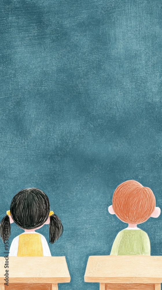 Obraz premium Watercolor paper texture sticker design pastel colors simple lines light blue background classroom scene desks books chalkboard children playing outside windows blue green palette