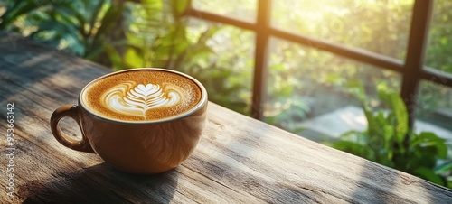 A warm and inviting cup of coffee whether it s a latte cappuccino or espresso sits on a wooden table in a cafe or office setting surrounded by the tranquil beauty of nature through a window photo