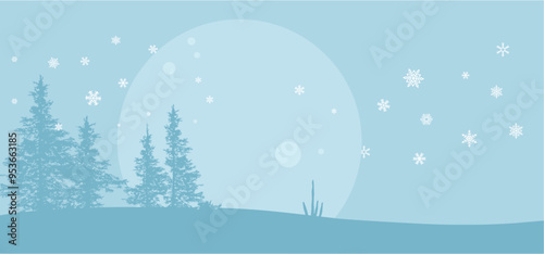 Winter blue vector background, banner. Spruce trees, Christmas trees, against a moonlit sky.