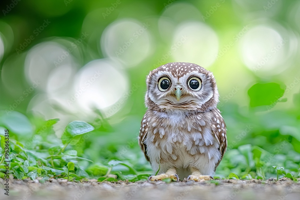 A small, brown owl with large eyes sits on the ground in front of a blurred green background. A small, brown owl with large eyes sits on the ground in front of a blurred green background.