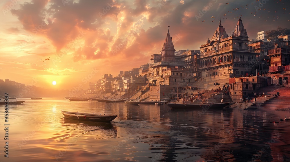Obraz premium Varanasi, the city with its ancient architecture. Generative Ai