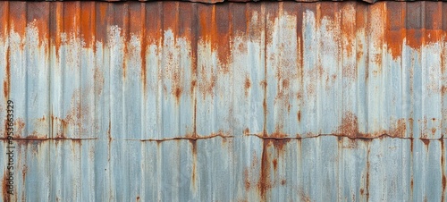 Rusty Corrugated Metal Facade with Peeling Paint and Grunge Texture Background  Distressed Weathered Industrial Wall Surface with Decaying and Deteriorating Details