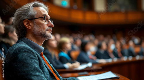 A man in glasses sits in an...