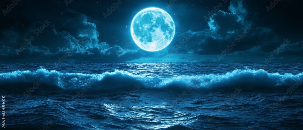 Full Moon Over Ocean Waves With Dramatic Clouds And Reflections On Water At Night