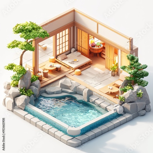 Isometric Illustration of 3d Onsen and spa interior