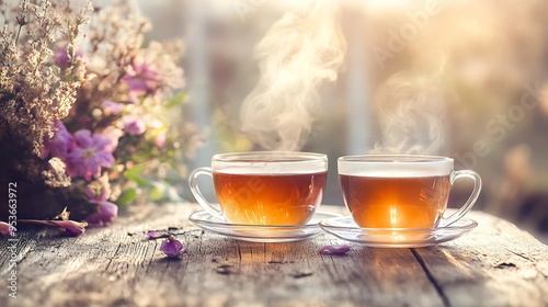 A couple of steaming cups of tea sitting on a weathered wooden table, with a delicate floral arrangement in the background, evoking a sense of peacefulness and comfort photo