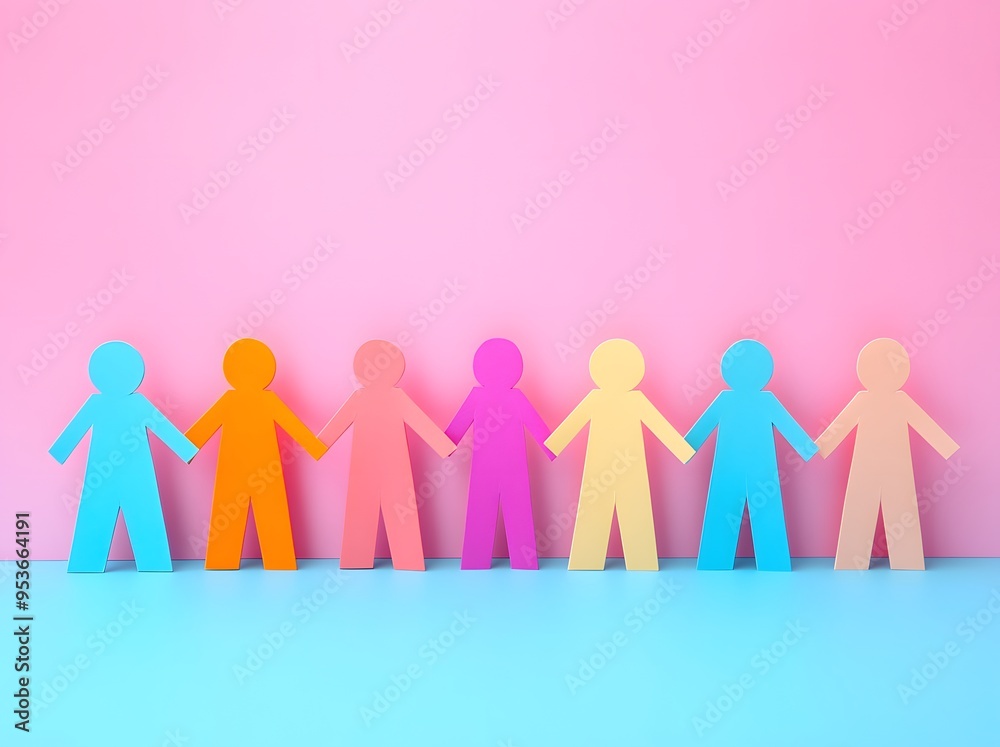 Colorful paper people holding hands in a line against a pink background. Colorful paper people holding hands in a line against a pink background.
