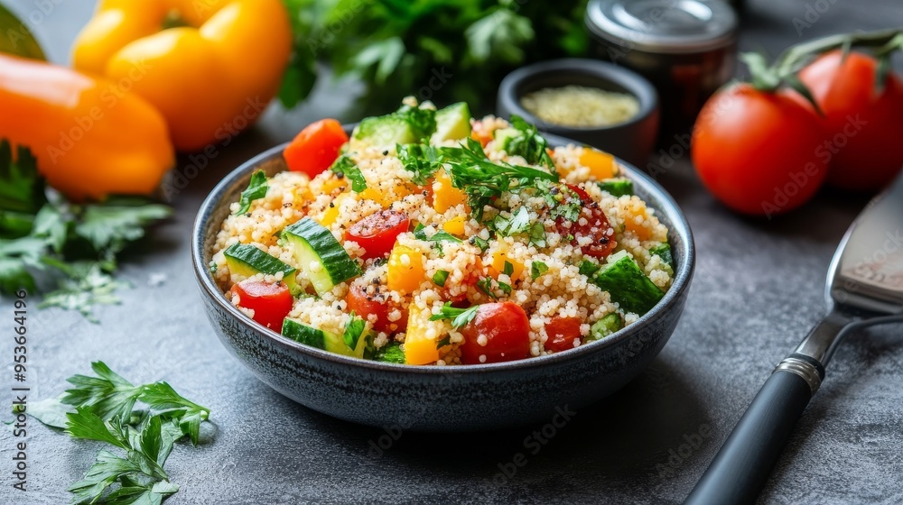 Glucose and vegan salad with couscous and vegetables. Glucose and vegan salad with couscous and vegetables.