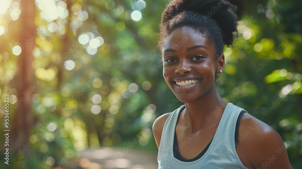 Close-up of a contented black female teenager running. Generative Ai Close-up of a contented black female teenager running. Generative Ai