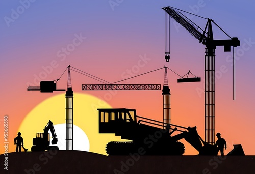 Construction Site Silhouette at Sunset with Heavy Machinery and Cranes photo