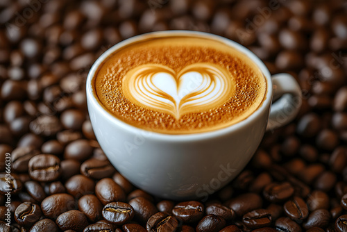 Heart-Shaped Latte Art in White Cup Surrounded by Coffee Beans.