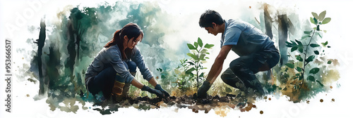 Watercolor paintings of women and men helping to plant trees in the forest.