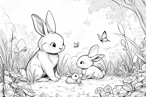 Rabbit with butterfly, line drawing, kids coloring pages.outline coloring page illustration