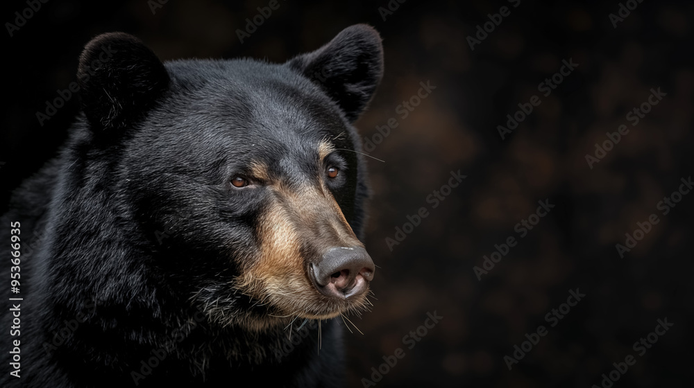Black bear with a soft, focused expression, set against a dark background, emphasizing the animal's strength and calm demeanor. Black bear with a soft, focused expression, set against a dark background, emphasizing the animal's strength and calm demeanor.