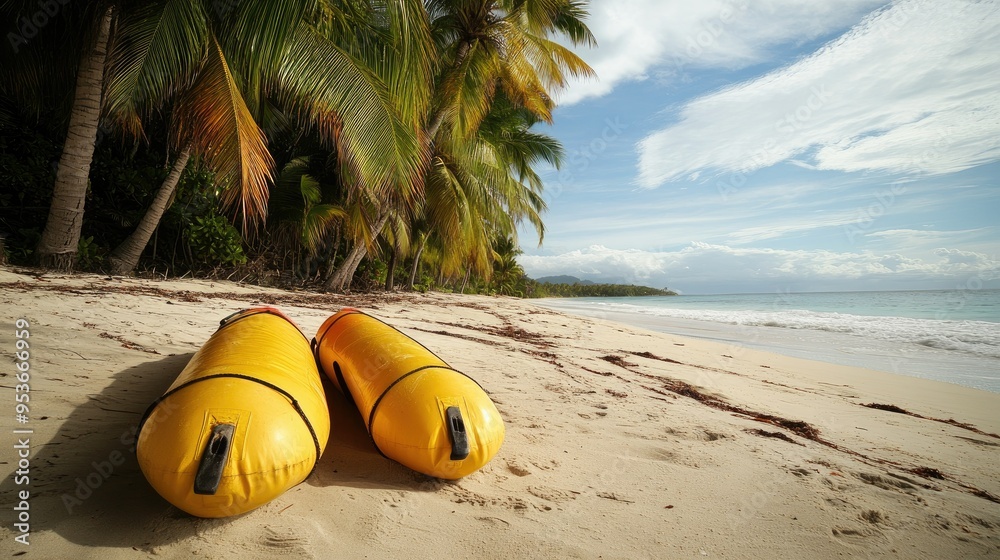 Rescue tubes attached to coconut palms on the beach, illustrating beach ...