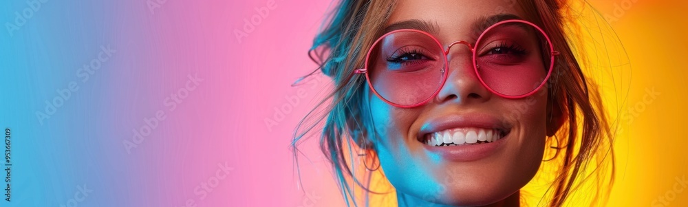 Smiling woman with pink glasses on her face against a colorful background, portrait, banner, copy space Smiling woman with pink glasses on her face against a colorful background, portrait, banner, copy space