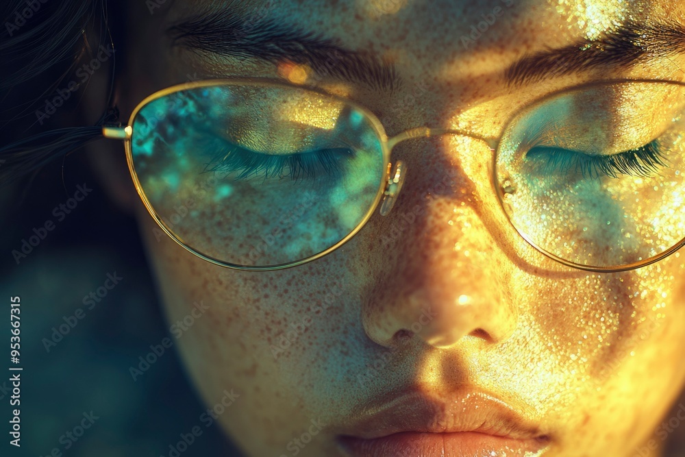 Close-up of a Woman's Face with Golden Glitter and Glasses Close-up of a Woman's Face with Golden Glitter and Glasses