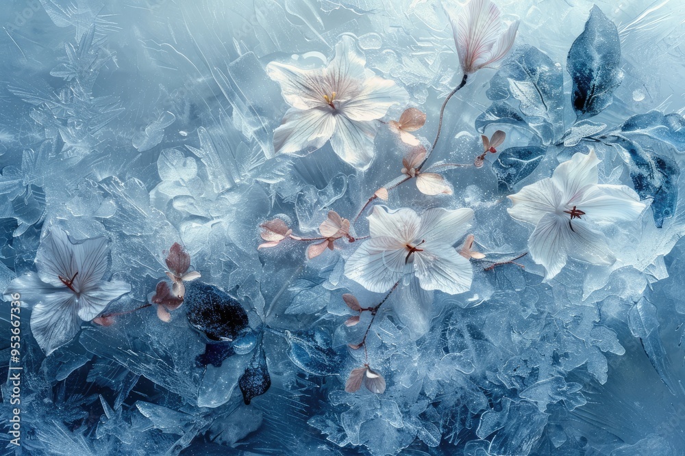 Flowers and leaves in the ice frozen floral.Abstract organic art. Flowers and leaves in the ice frozen floral.Abstract organic art.
