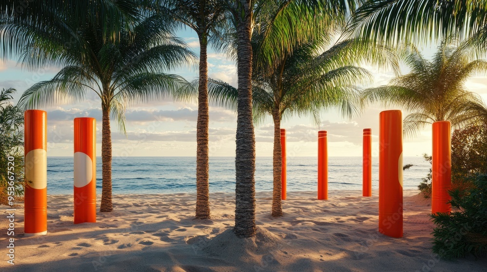 Rescue tubes displayed on palm trees by the beach, ready for use in ...