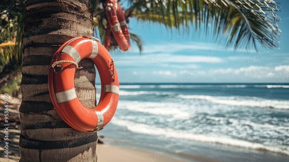 Rescue tubes displayed on palm trees by the beach, ready for use in ...