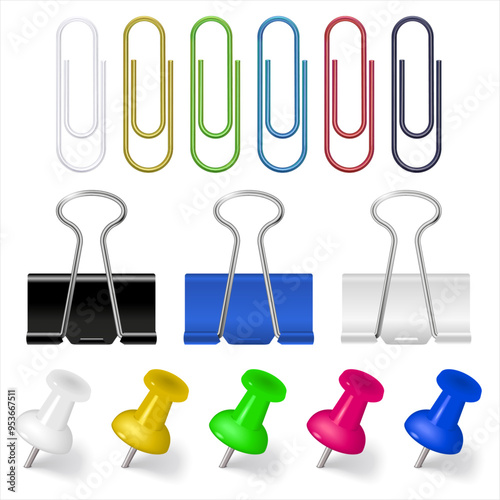 Realistic of paper clips, Bulldog clip. Colorful thumbtacks set. Vector colorful binder clips, paper holder, office stationery. Office supplies set or school equipment. 