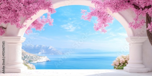 white arc pillar covererd with pink flower tree and blue ocean view on background photo