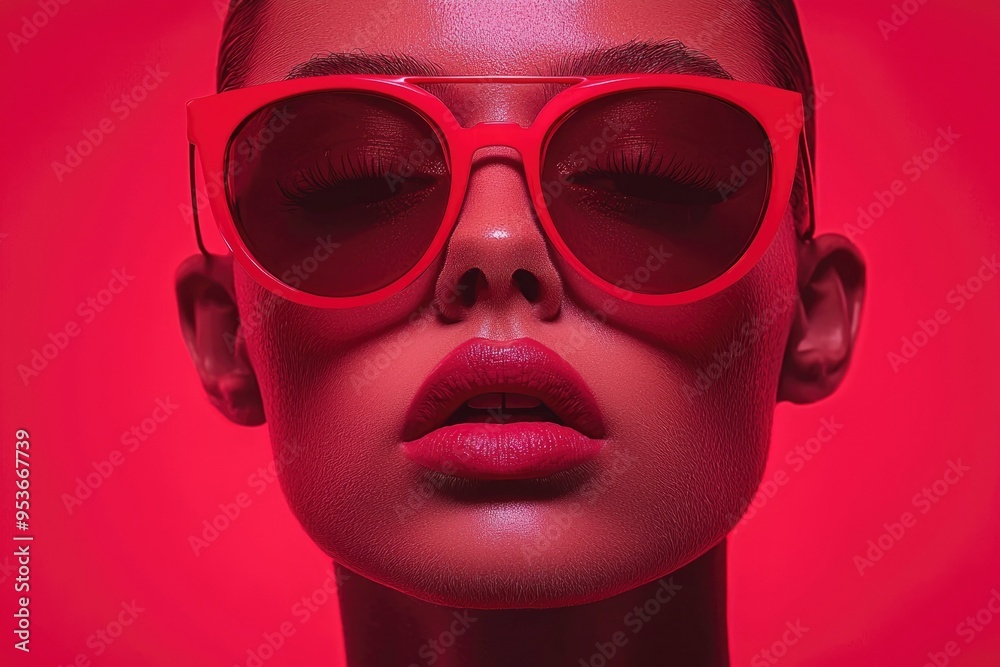 Close-up Portrait of a Woman with Red Sunglasses and Lips Close-up Portrait of a Woman with Red Sunglasses and Lips
