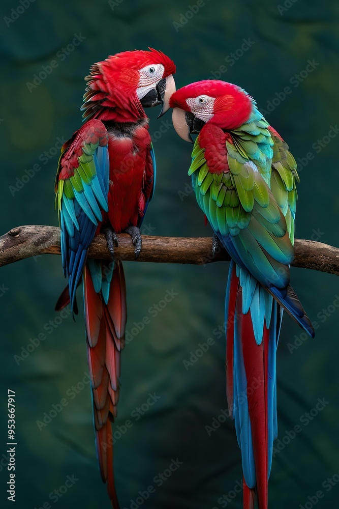 Obraz premium Two red and green macaws perched on a branch, one nuzzling the other.