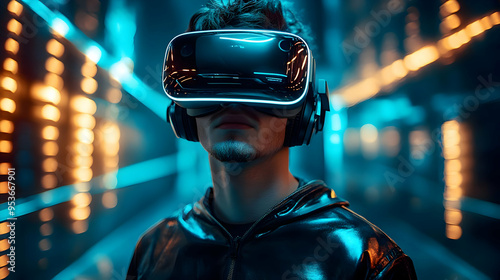 A man wearing VR headset lo...