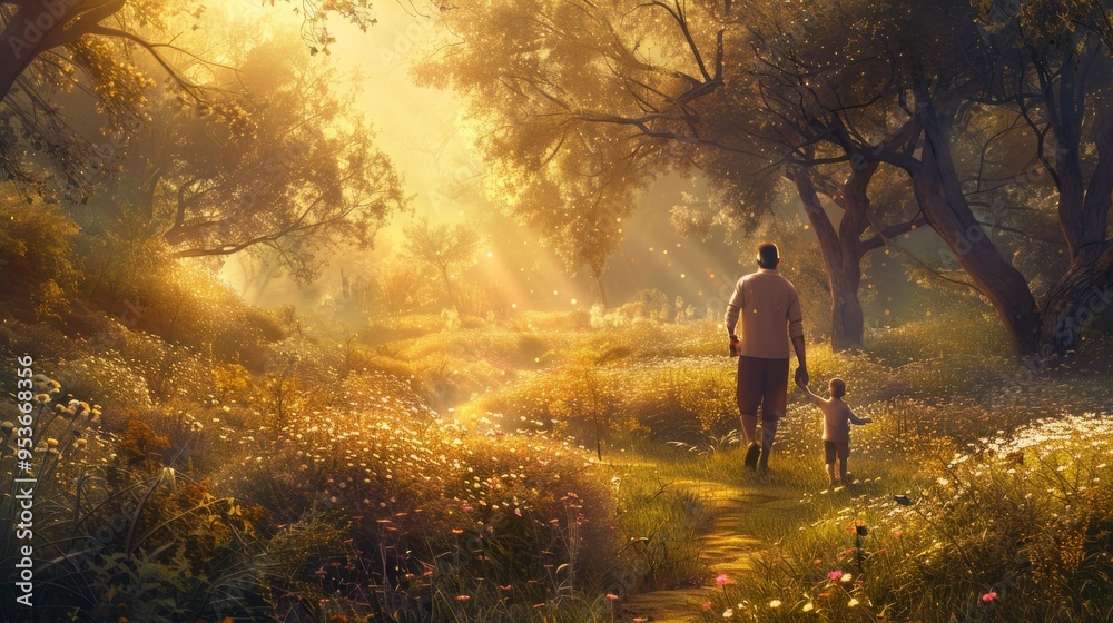 Fototapeta premium a photo of A serene landscape at sunrise, with soft golden light filtering through the trees