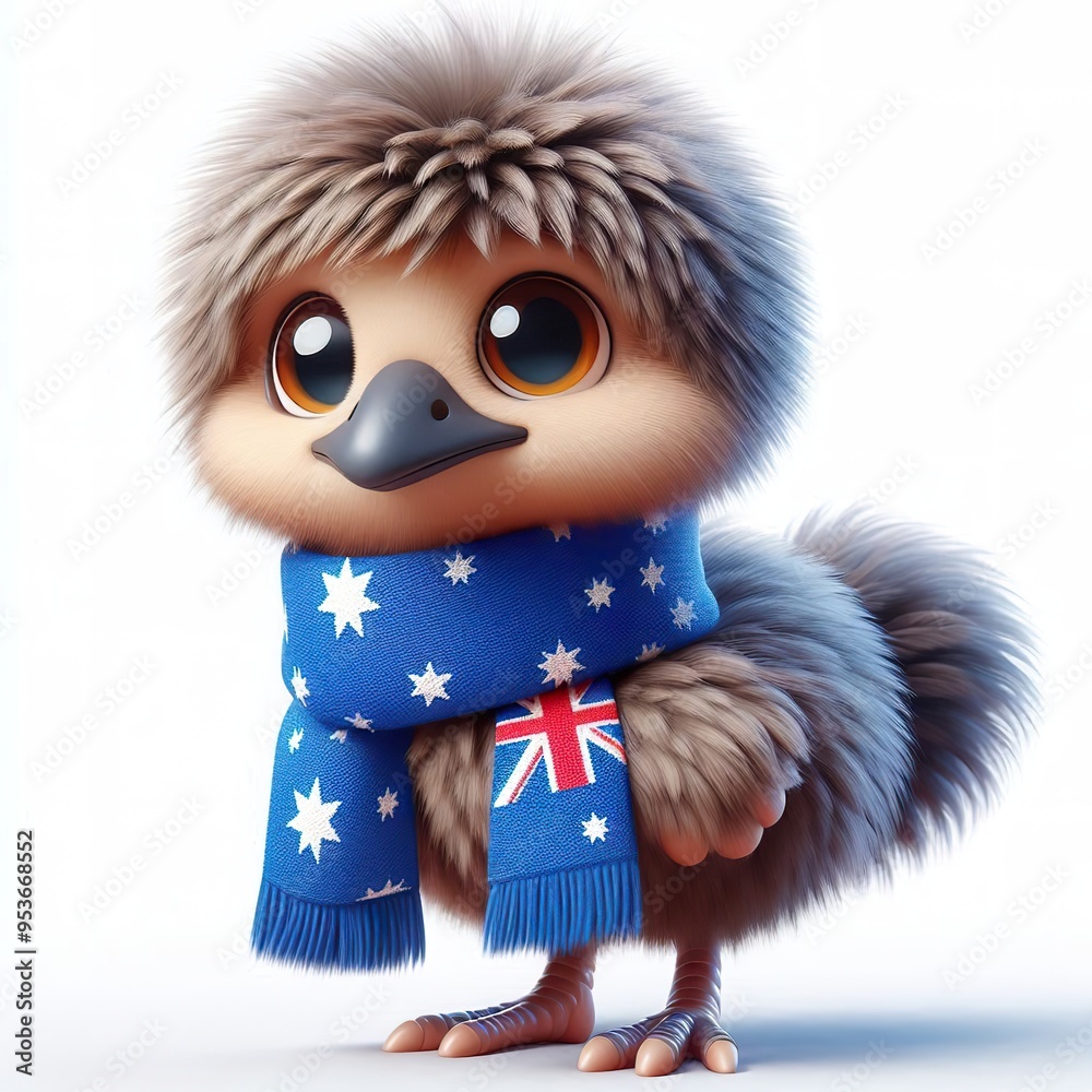 cute 3d fluffy emu ostrich character with Australia style scarf cute 3d fluffy emu ostrich character with Australia style scarf