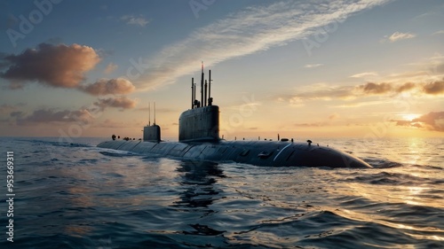 Nuclear submarine patrolling at sunset with open hatch photo